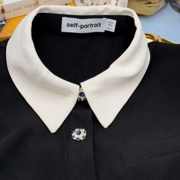 🆕 SELF-PORTRAIT 🧿 Black Belted White Crepe Contrast Midi Dress, Sz UK 10 US 6 - Picture 12 of 16